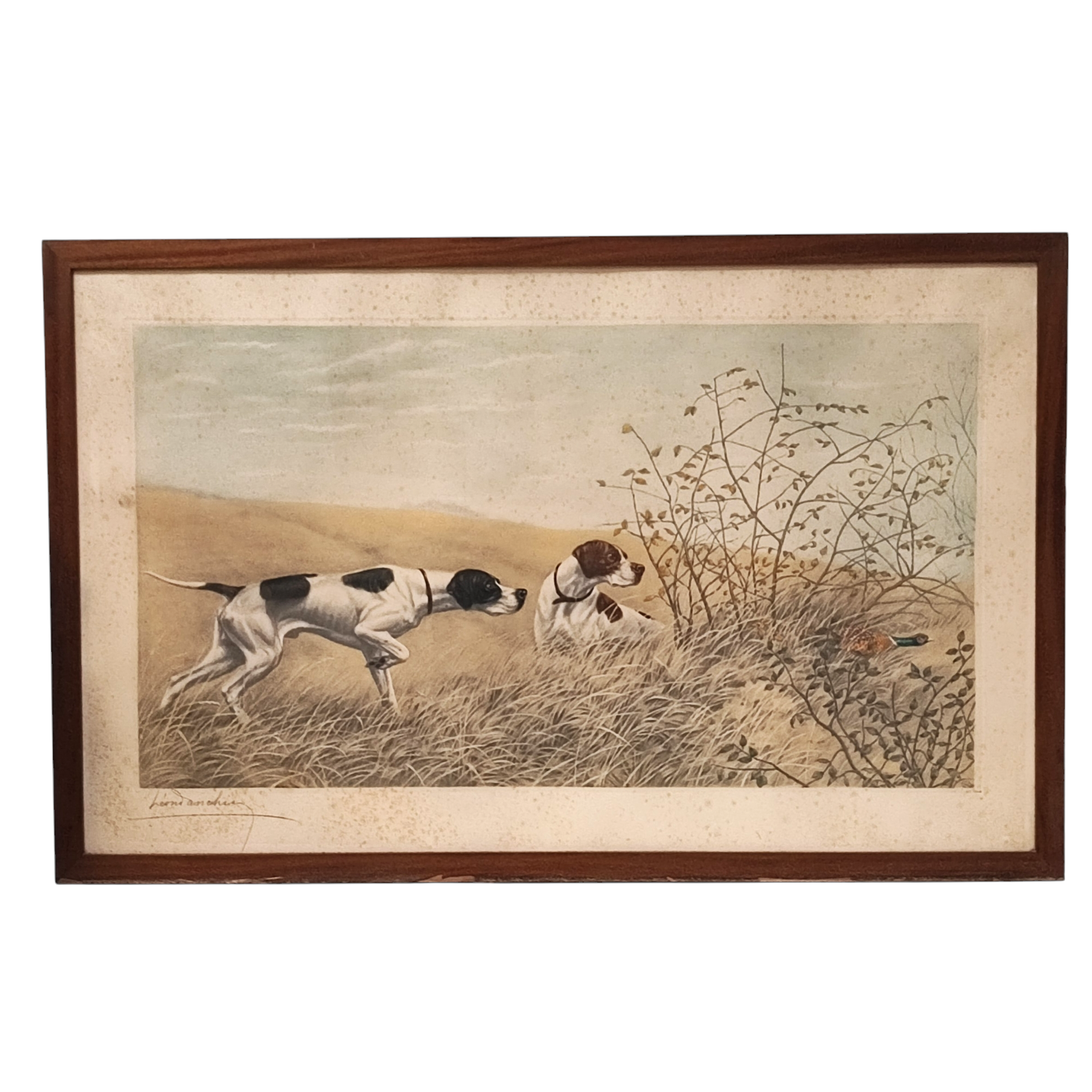 DANCHIN LEON LITHOGRAPHIE LES CHIENS DE CHASSE ET LE FAISAN 102 x 65 CM