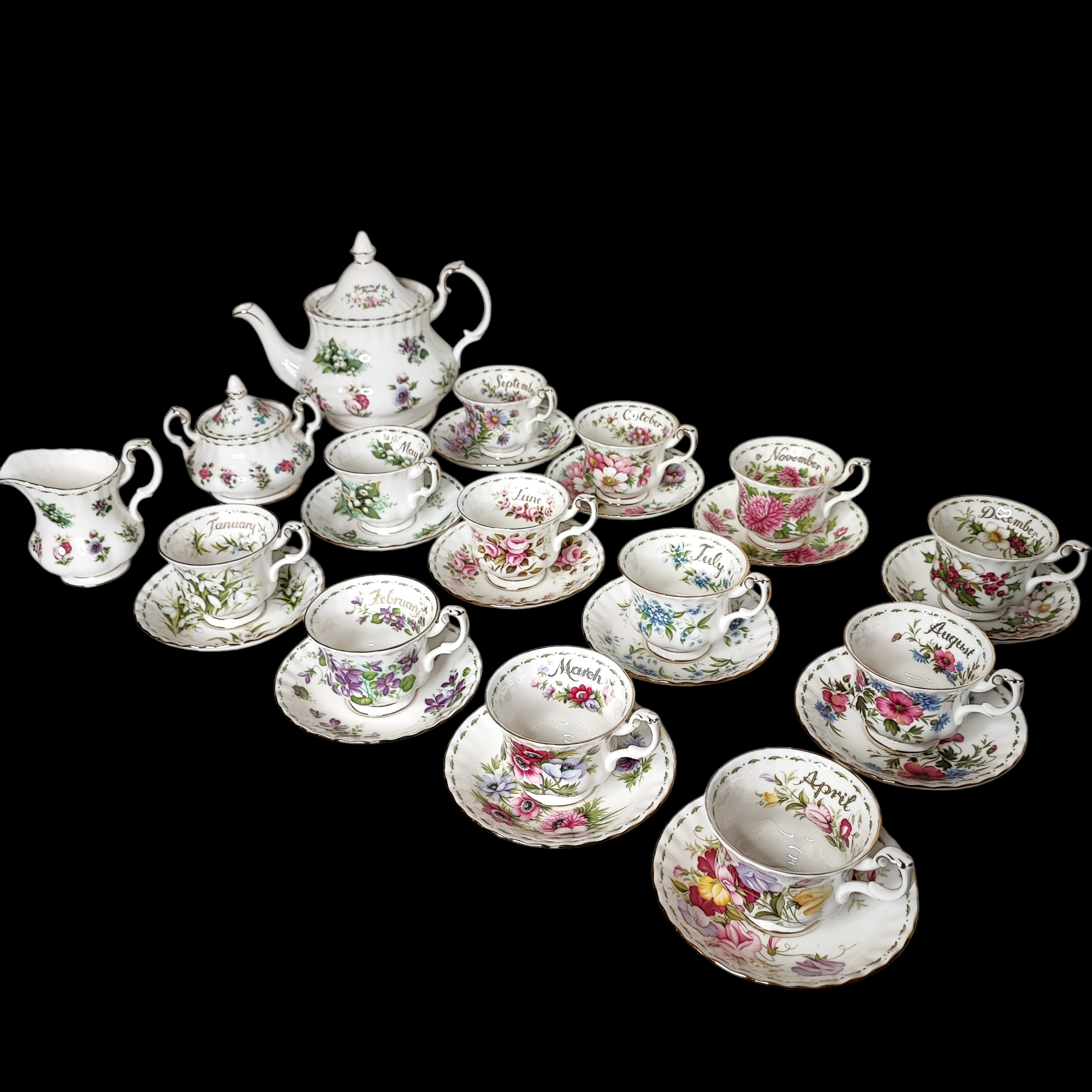 ROYAL ALBERT SERVICE A CAFE 12 MOIS DE L ANNEE 27 PIECES DECOR FLORAL