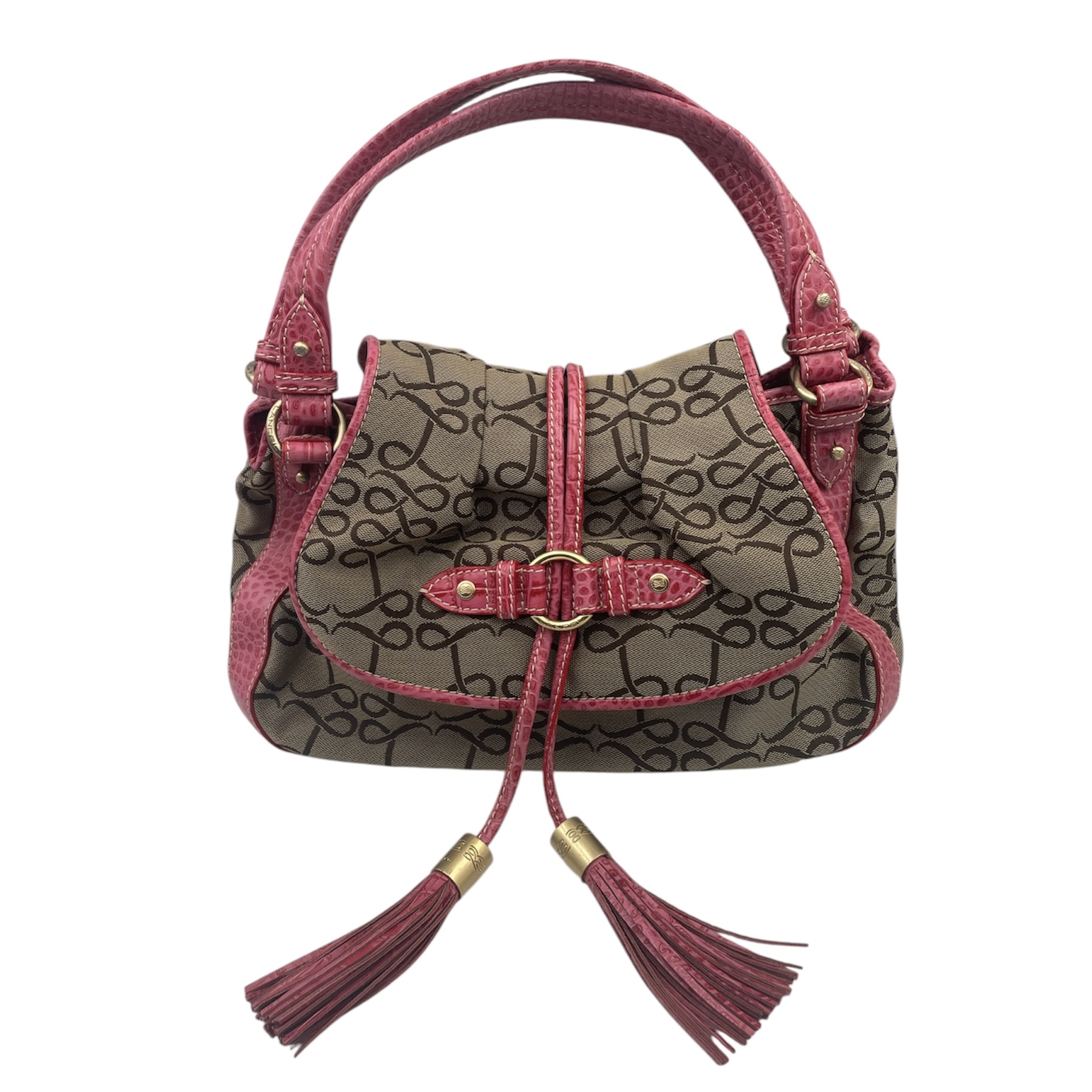 LANCEL SAC ESPIEGLE EN TOILE ET CUIR ROSE FACON CROCO