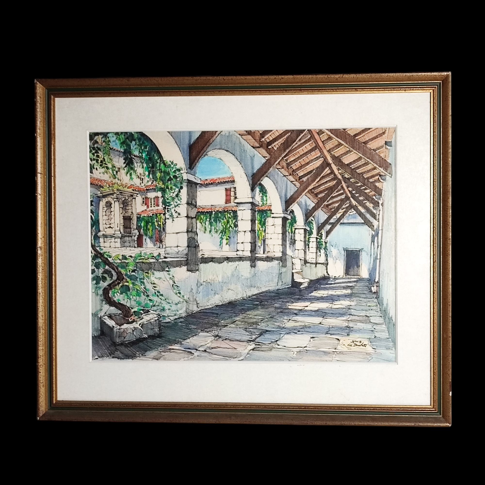 AQUARELLE ENCADREE DE CIBOURE LES RECOLLETS 86 X 72 CM