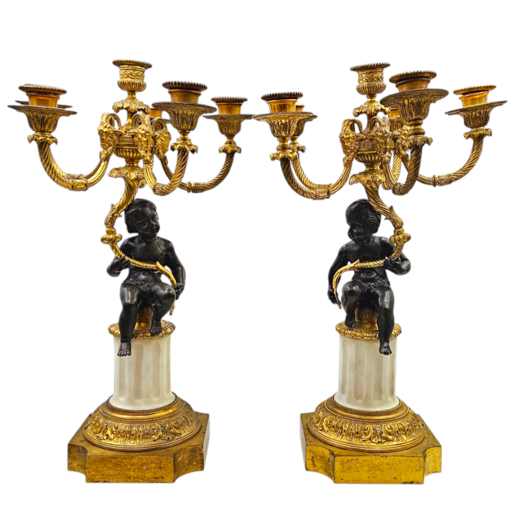 PAIRE DE CANDELABRES EN MARBRE BRONZE ET BRONZE DORE 46 CM DIAM 28 ET 6 FEUX 