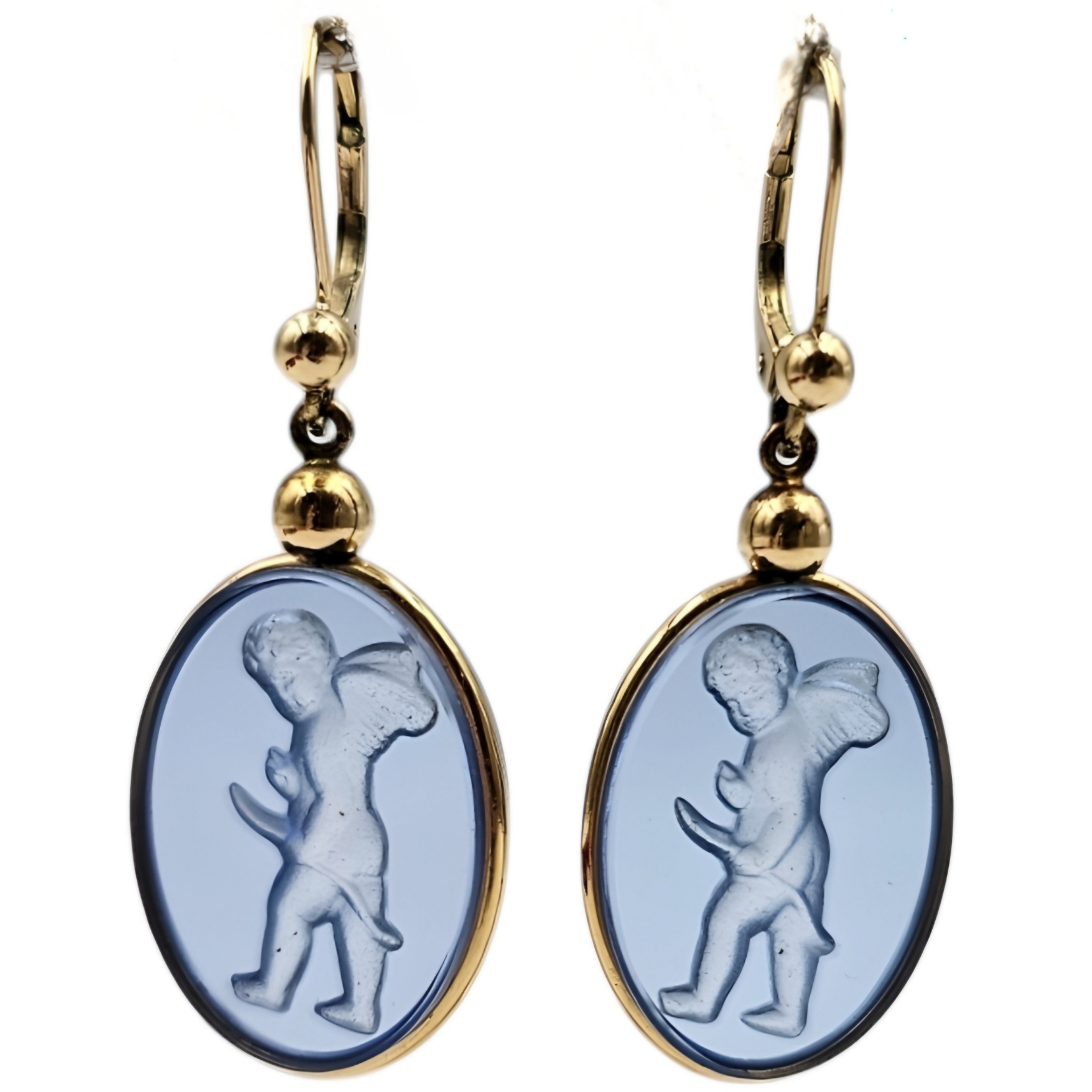 LALIQUE BOUCLES D OREILLES DORMEUSES FACON ENTAILLE EN CRISTAL BLEU ET PLAQUE OR