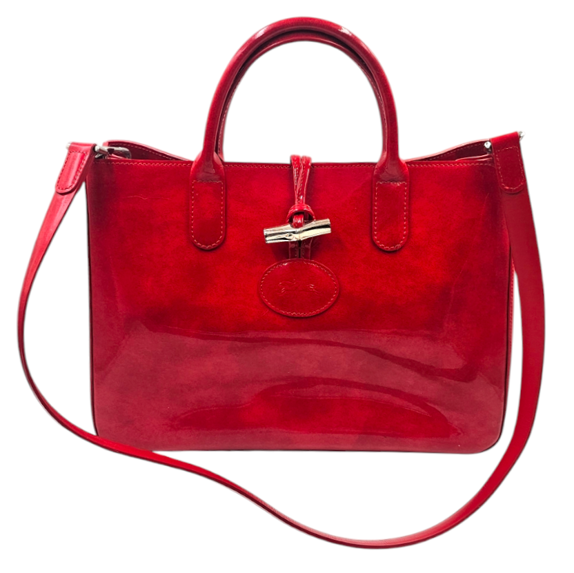 LONGCHAMP SAC ROSEAU EN CUIR VERNIS ROUGE AVEC BANDOULIERE AMOVIBLE + DUST BAG