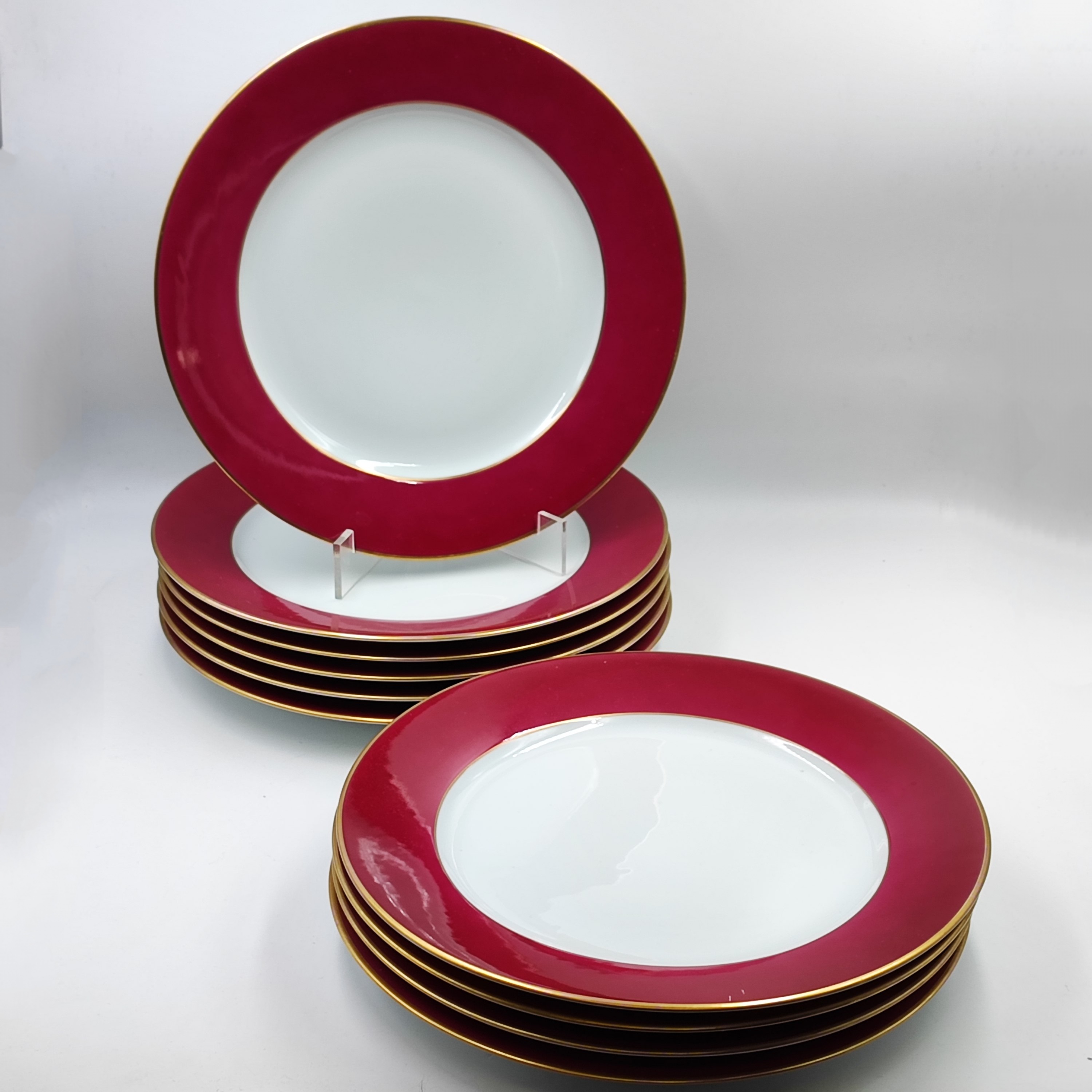 LIMOGES 10 GRANDES ASSIETTES LISERE ROUGE 29.50 CM