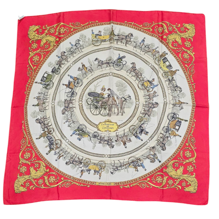 HERMES CARRE LA PROMENADE DE LONGCHAMPS DE PHILIPPE LEDOUX CONTOUR ROUGE