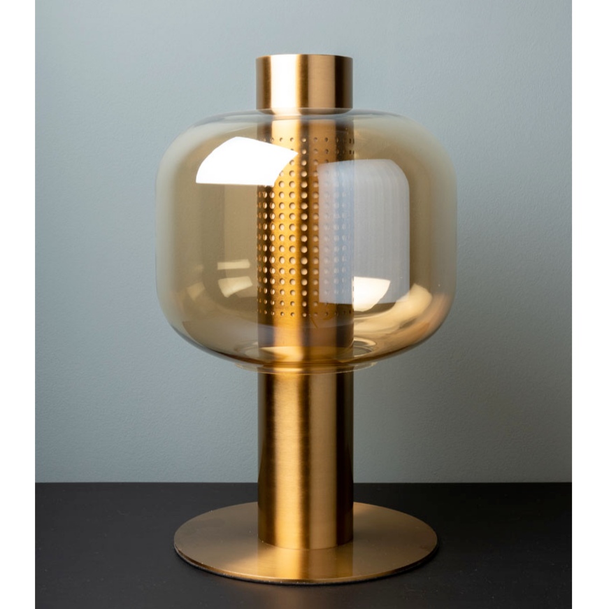 LAMPE METAL DORE PERFORE 41/22 CM ET VERRE